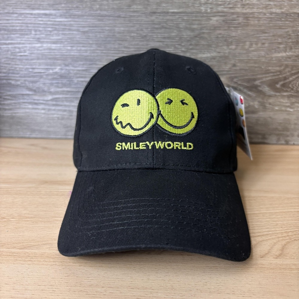SmileyWorld Hat Cap Strap Back Mens One Size Black Embroidered Smiley Face 50th